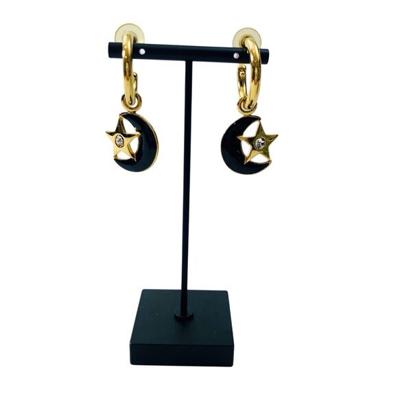 Vintage 80's Earrings Black Half Moon Gold Hoop Dangle Rhinestone Spacecore - Picture 6 of 16